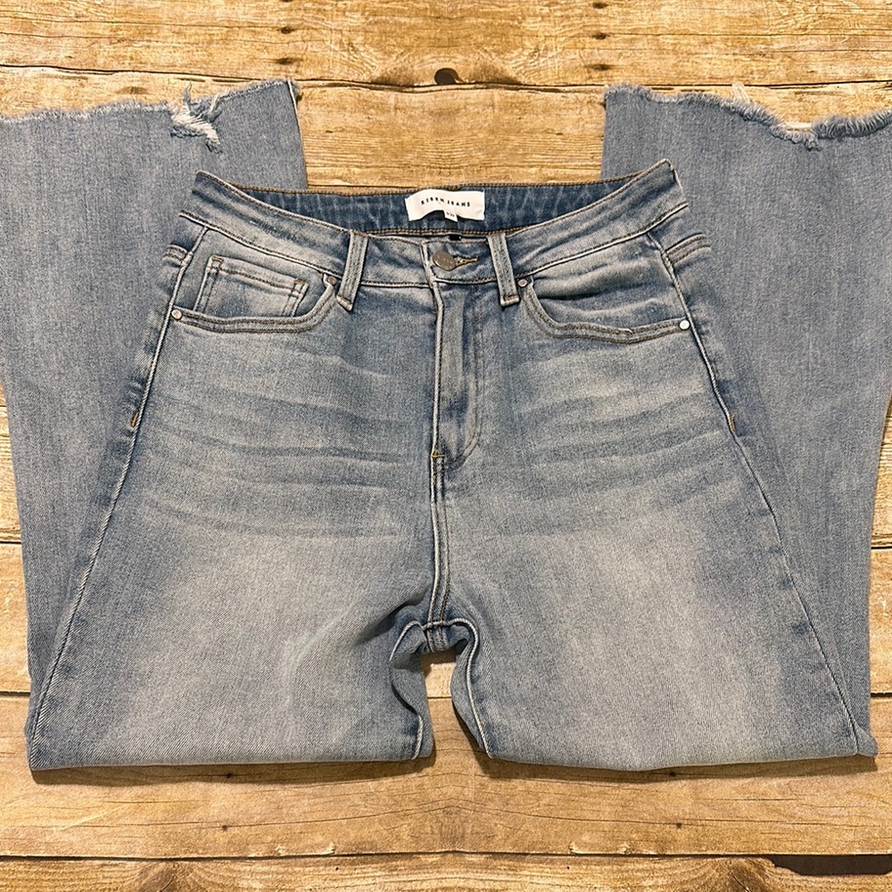 Risen Jeans Light Wash Flare Leg High Rise with Distressed Hem Size 9